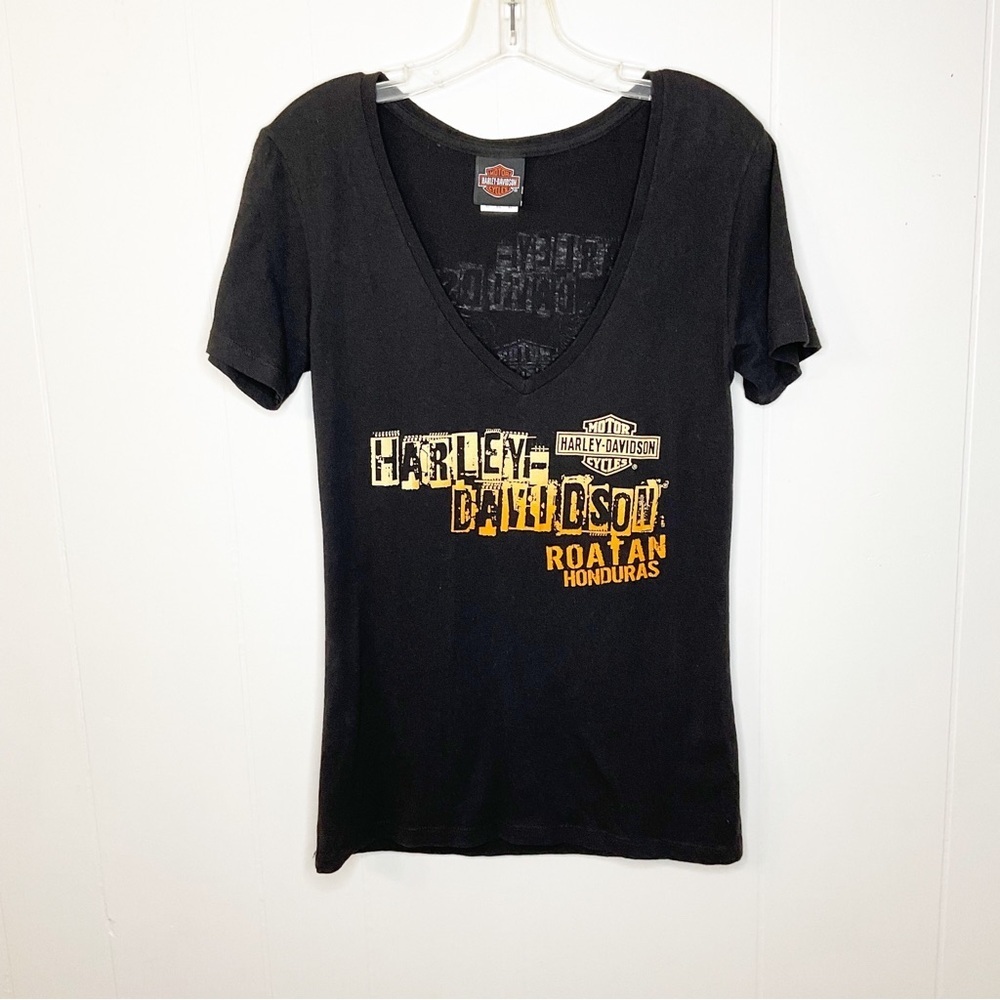 Harley Davidson Women's Black T-shirt Roatan Honduras V-Neck Size xL